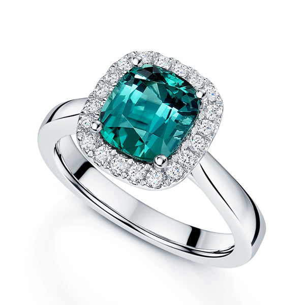 Platinum Cushion Cut Green Tourmaline & Round Brilliant Diamond Halo Ring