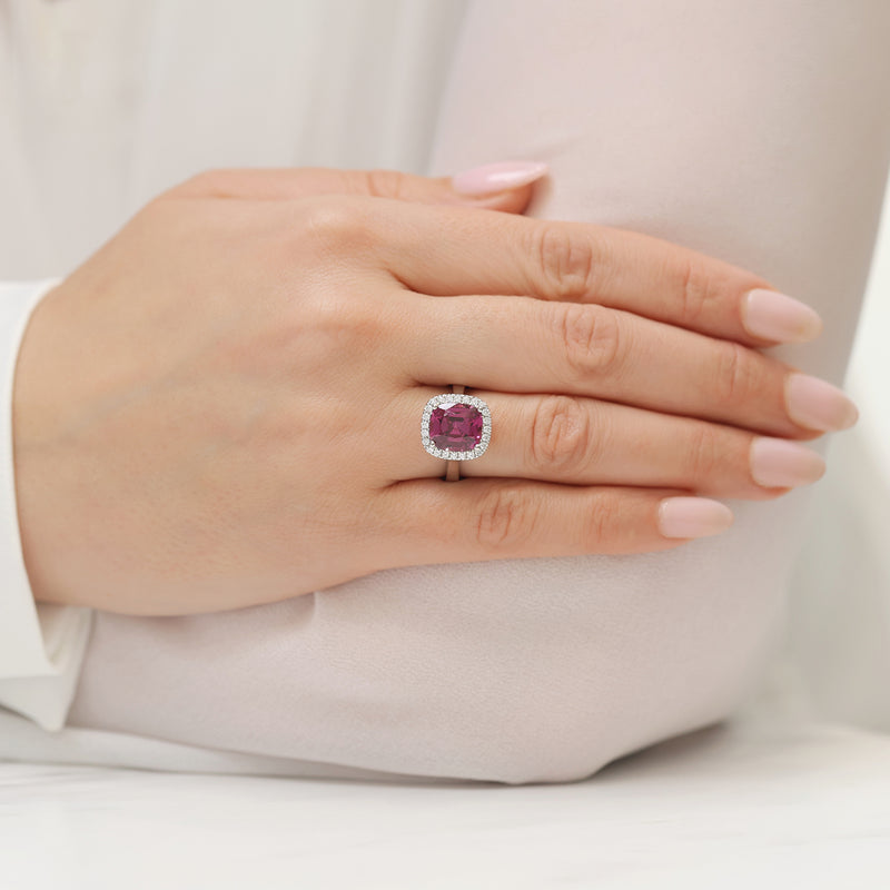 Berry's Platinum Cushion Cut Rhodolite Garnet With A Diamond Halo Surround - Berry's Jewellers