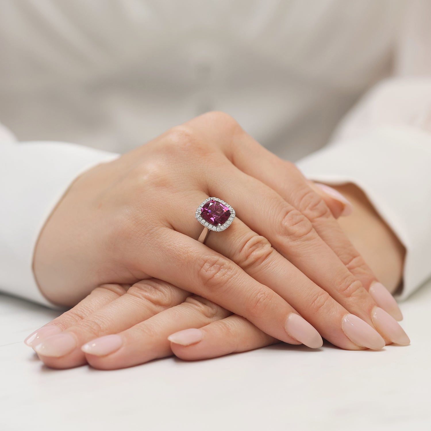 Berry's Platinum Cushion Cut Rhodolite Garnet With A Diamond Halo Surround - Berry's Jewellers