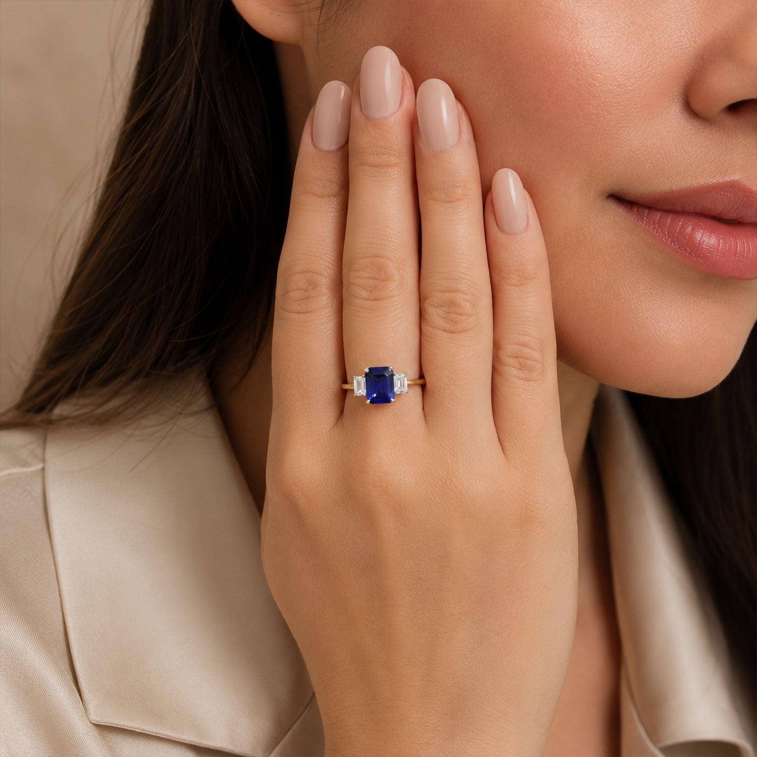 18ct Yellow Gold Emerald Cut Tanzanite And Diamond Three Stone Ring