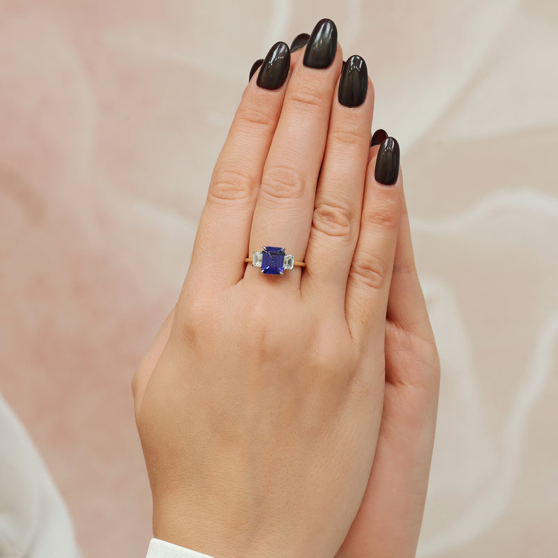 Berry's 18ct Yellow Gold Emerald Cut Tanzanite And Diamond Three Stone Ring - Berry's Jewellers