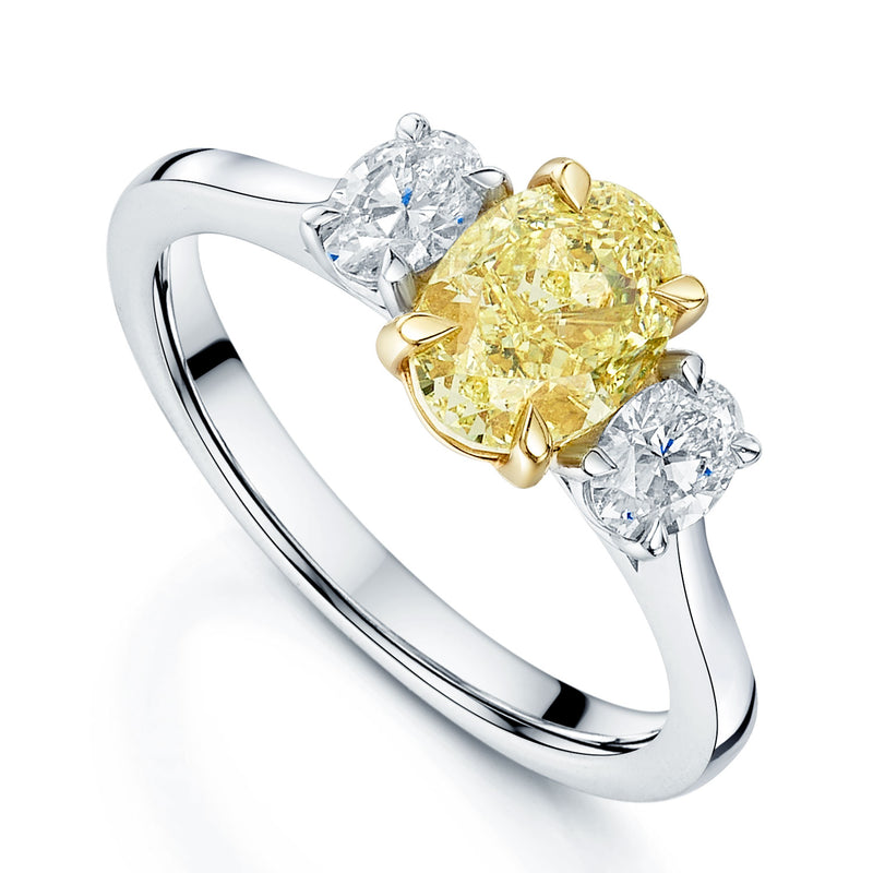 Berry's Platinum Oval Cut Yellow Diamond and White Diamond Three Stone Ring - Berry's Jewellers