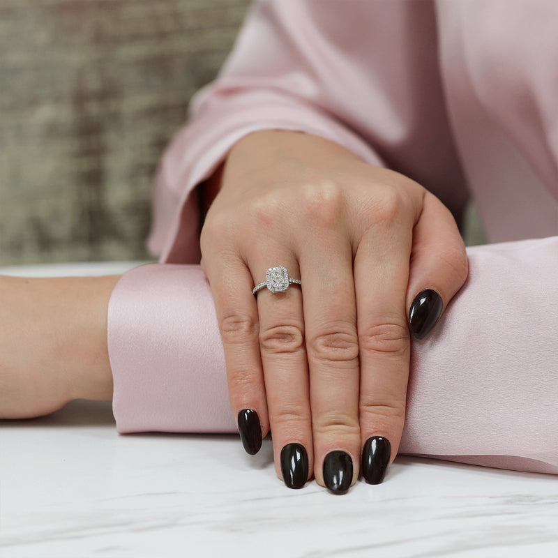 Platinum GIA Certificated Radiant Cut Diamond Halo Ring With Shoulders