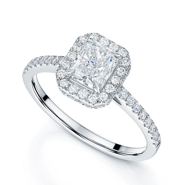 Platinum GIA Certificated Radiant Cut Diamond Halo Ring With Shoulders