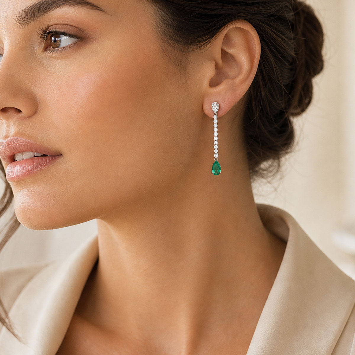 18ct White and Yellow Gold Three Pear Cut Emerald and Diamond Drop Earrings
