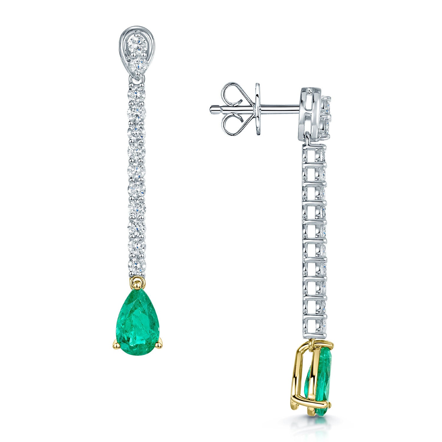 18ct White and Yellow Gold Emerald and Diamond Drop Earrings