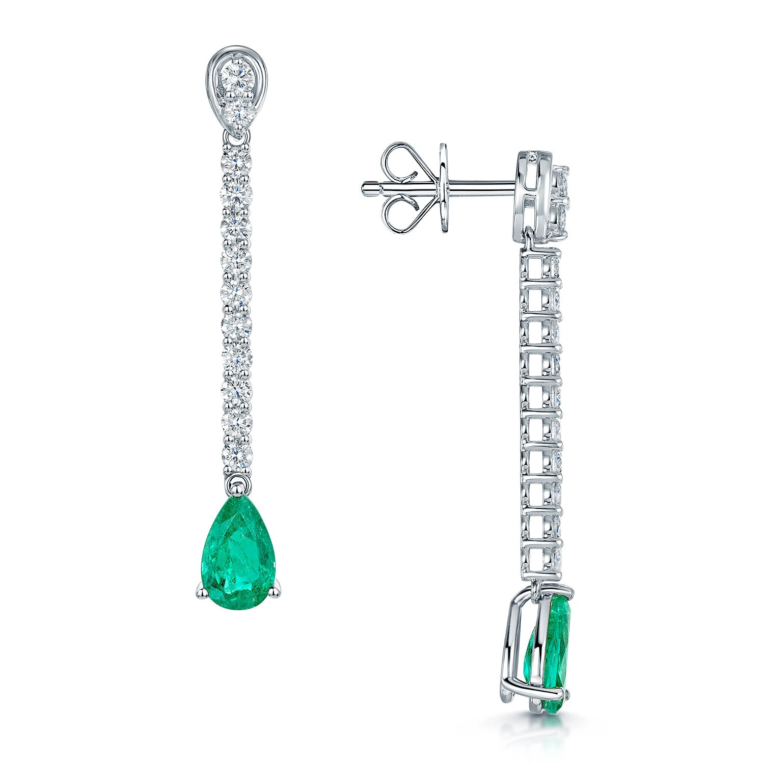 18ct White and Yellow Gold Three Pear Cut Emerald and Diamond Drop Earrings