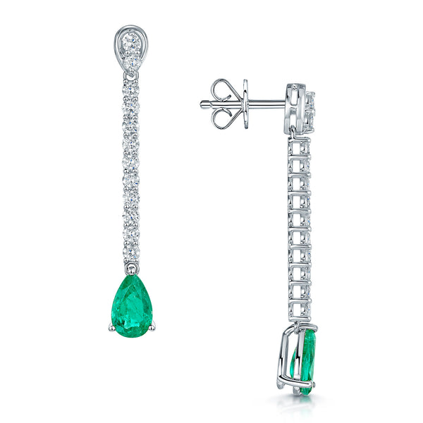 18ct White and Yellow Gold Three Pear Cut Emerald and Diamond Drop Earrings