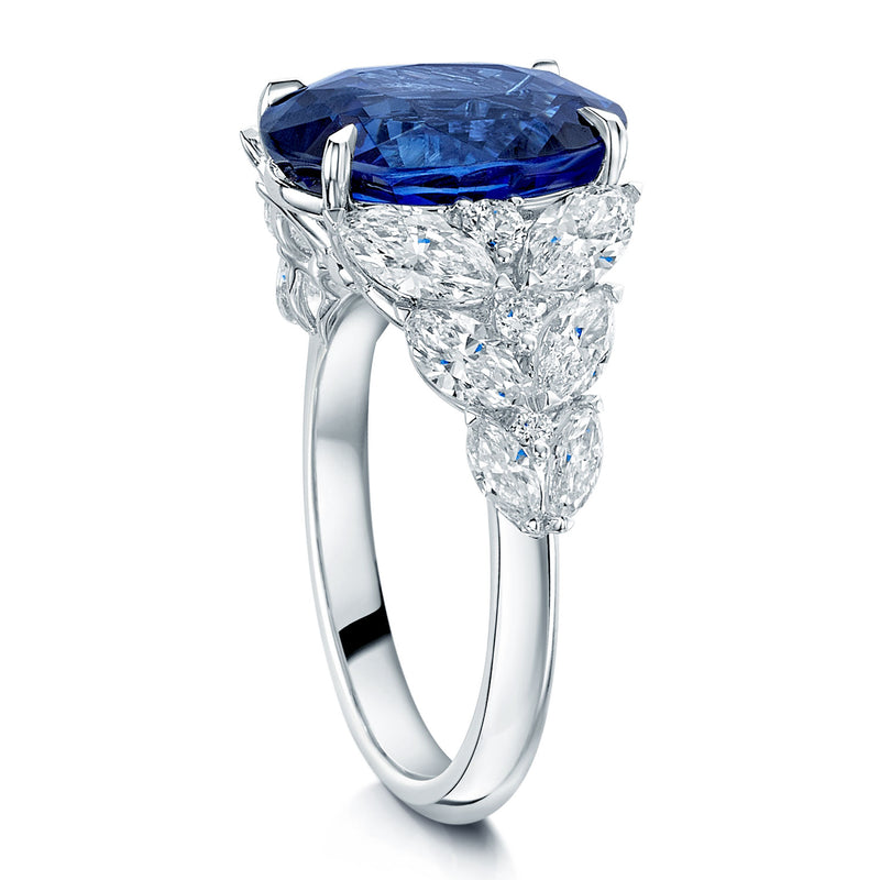 18ct White Gold Oval Cut Blue Sapphire And Diamond Shoulder Dress Ring