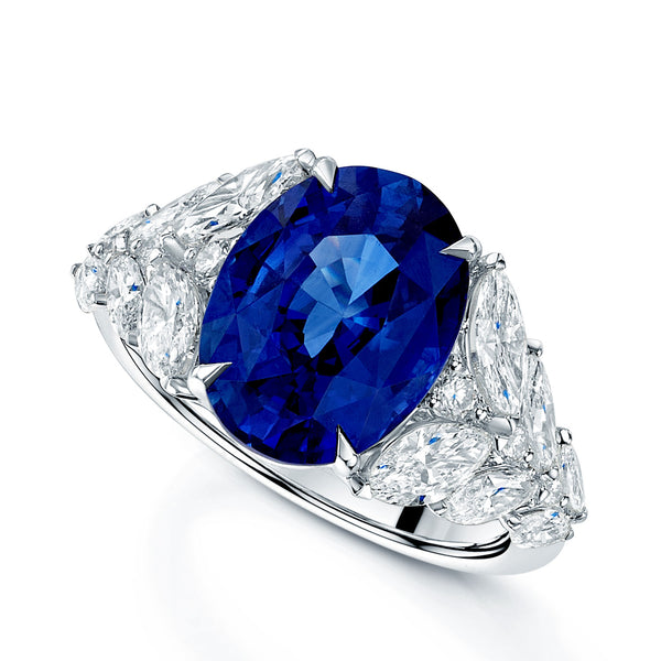 18ct White Gold Oval Cut Blue Sapphire And Diamond Shoulder Dress Ring