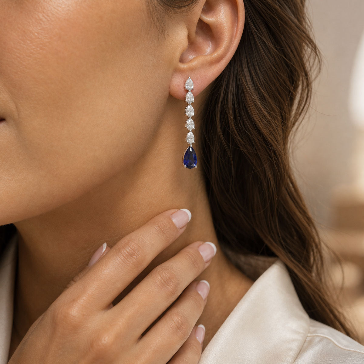 18ct White Gold Pear Cut Blue Sapphire And Diamond Drop Earrings