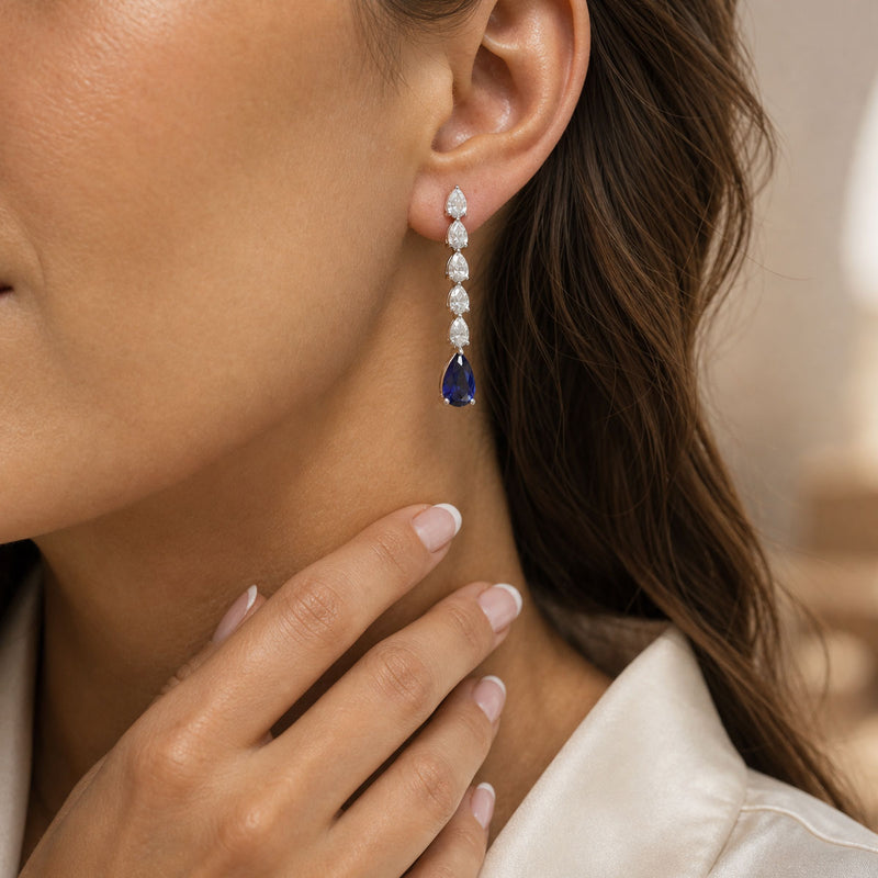 18ct White Gold Pear Cut Blue Sapphire And Diamond Drop Earrings