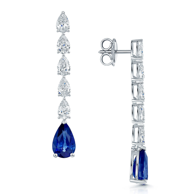 18ct White Gold Pear Cut Blue Sapphire And Diamond Drop Earrings