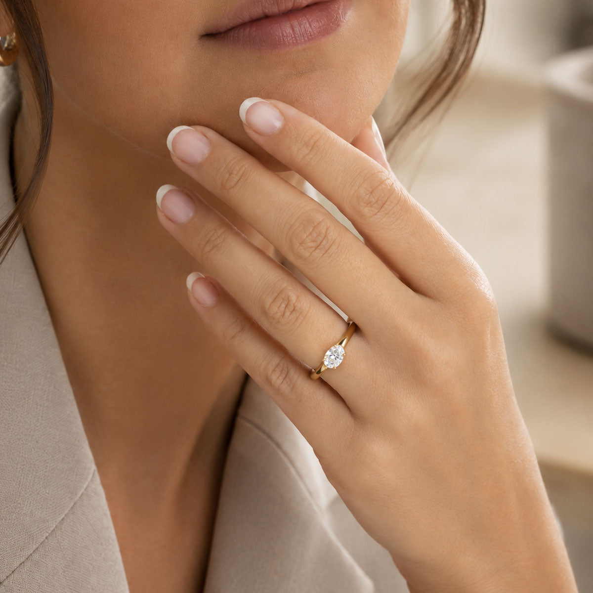 18ct Yellow Gold Oval Cut Diamond Horizontal Set Engagement Ring