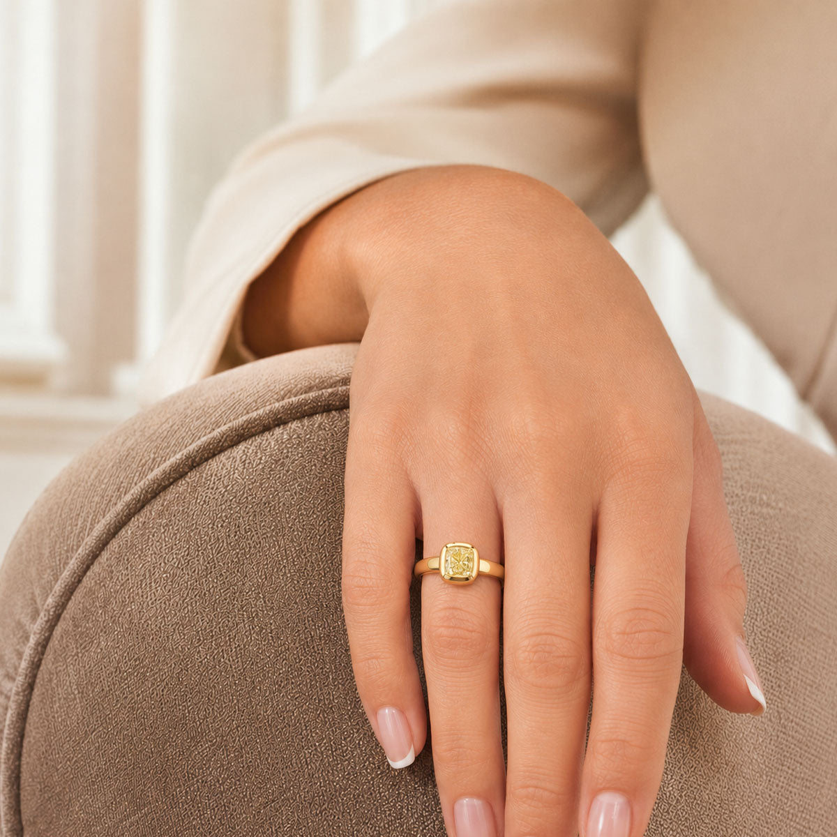 18ct Yellow Gold Cushion Cut Yellow Diamond Rub Over Set Ring