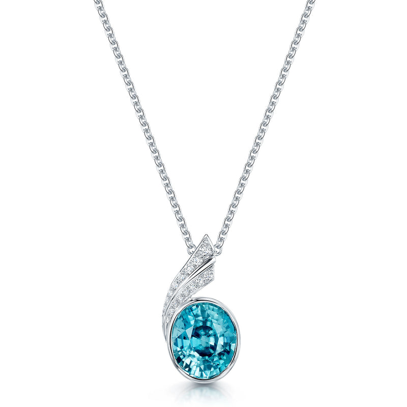 18ct White Gold Blue Zircon and Diamond Pendant