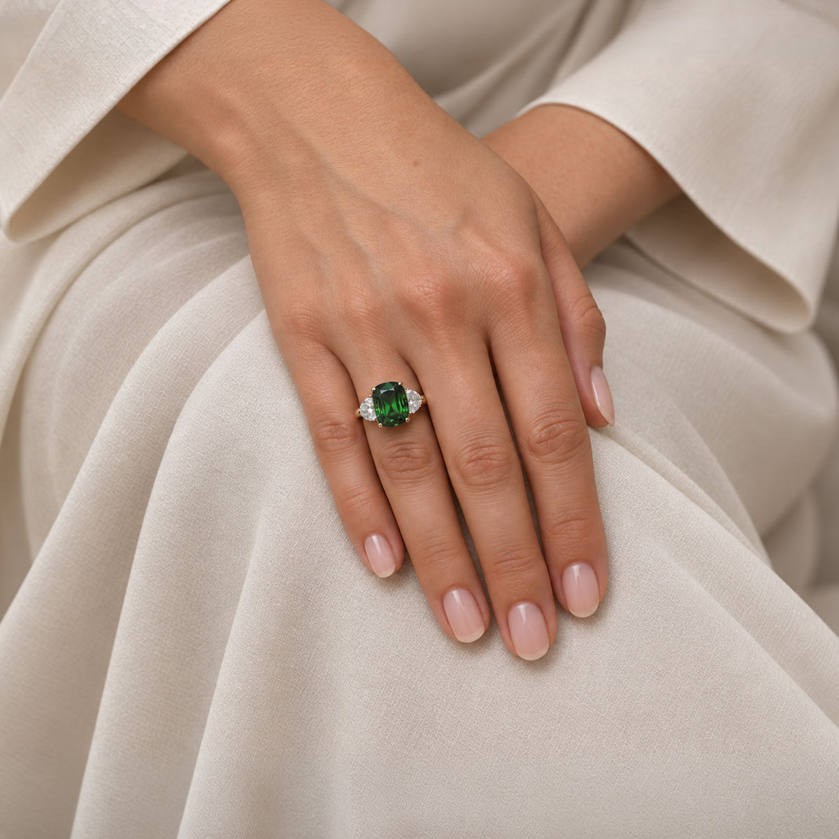 18ct Yellow Gold Cushion Cut Green Tourmaline and Half Moon Cut Diamond Ring