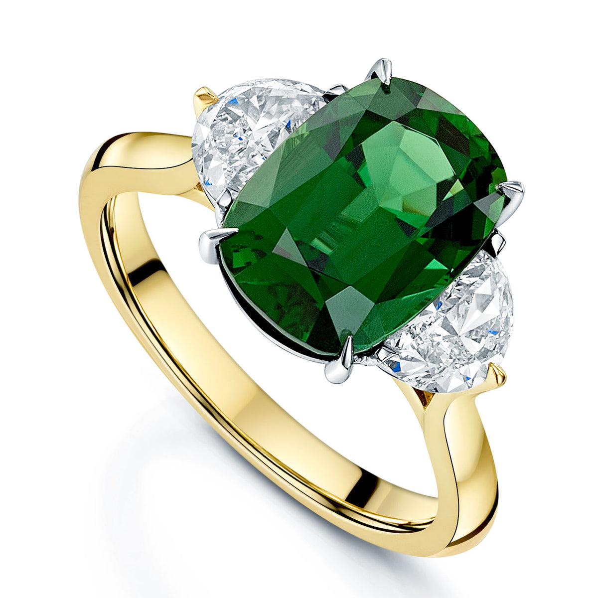 18ct Yellow Gold Cushion Cut Green Tourmaline and Half Moon Cut Diamond Ring