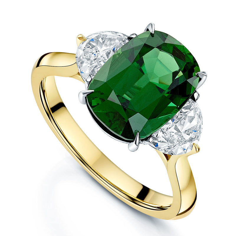 18ct Yellow Gold Cushion Cut Green Tourmaline and Half Moon Cut Diamond Ring