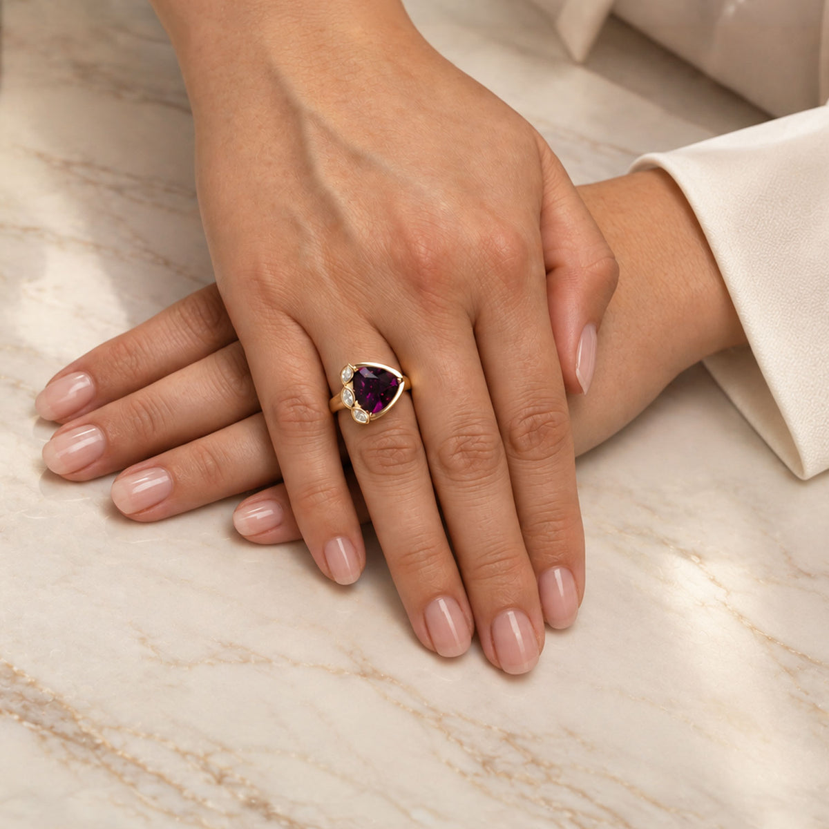 18ct Yellow Gold Trilliant Cut Rhodolite Garnet and Diamond Ring