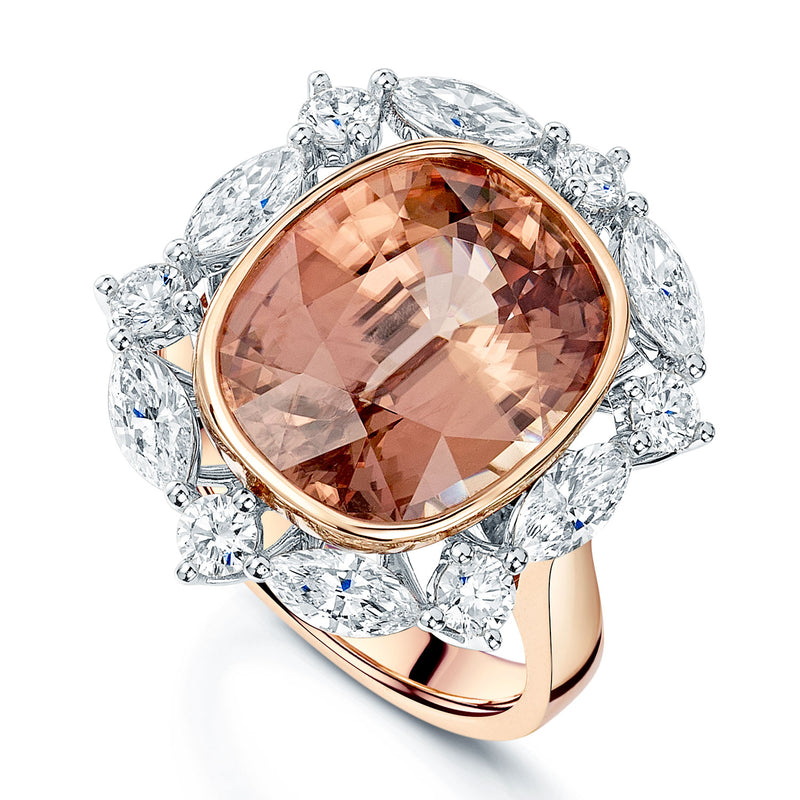 18ct Rose Gold Peach Zircon and Diamond Ring