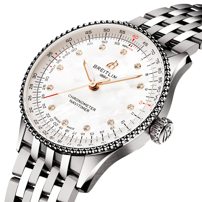 Breitling Navitimer 36mm Mother of Pearl Diamond Dial UK Exclusive Edition Watch - Berry's Jewellers