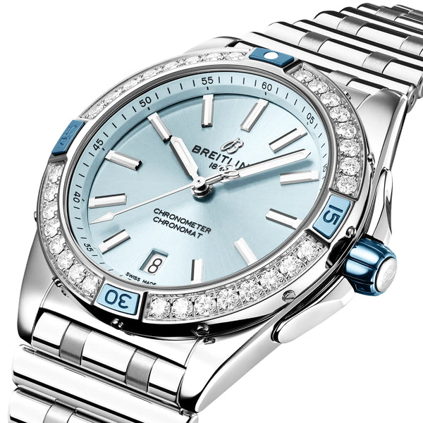 Breitling Super Chronomat 38mm Ice Blue Dial Diamond Set Bracelet Watch - Berry's Jewellers