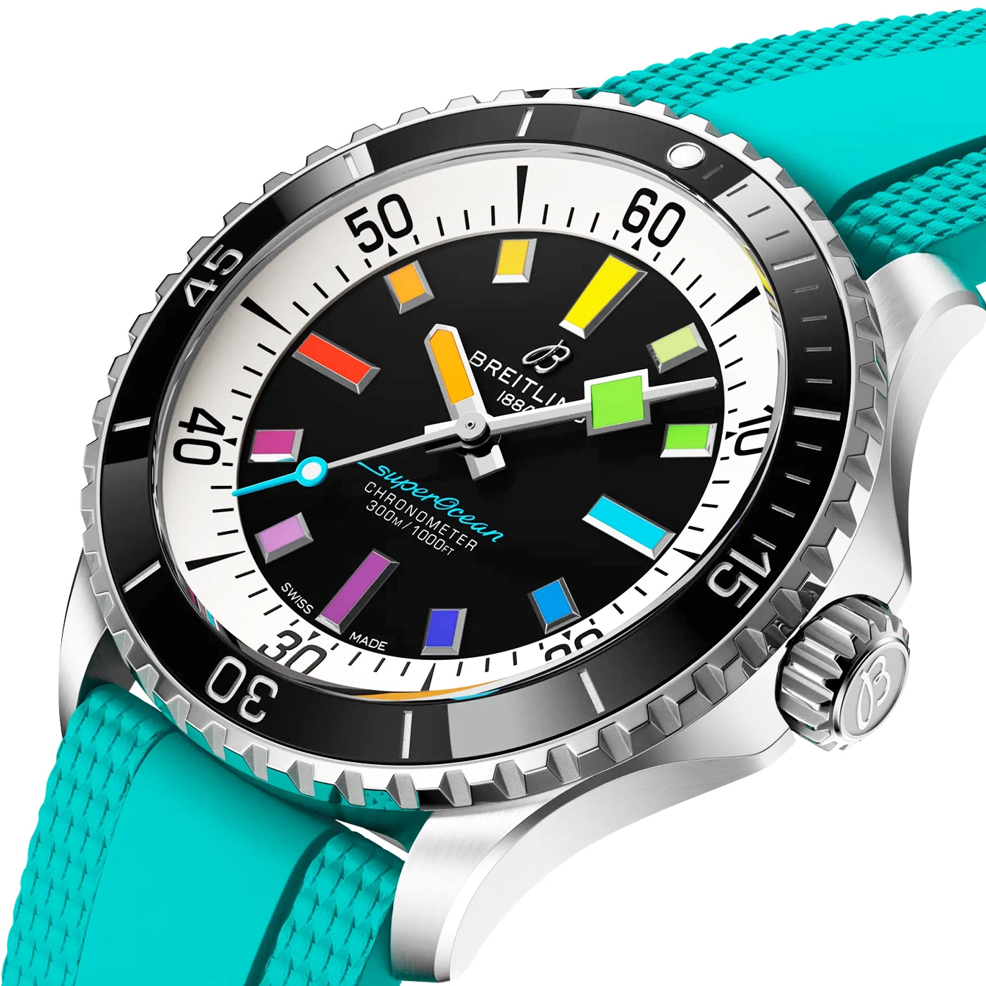 Superocean 42mm Rainbow Dial Men's Automatic Aquamarine Strap Watch