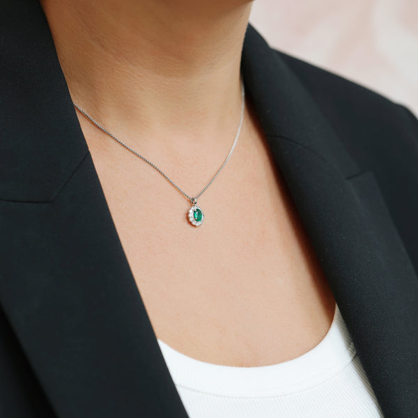 Berry's 18ct White Gold Oval Emerald And Diamond Cluster Pendant - Berry's Jewellers