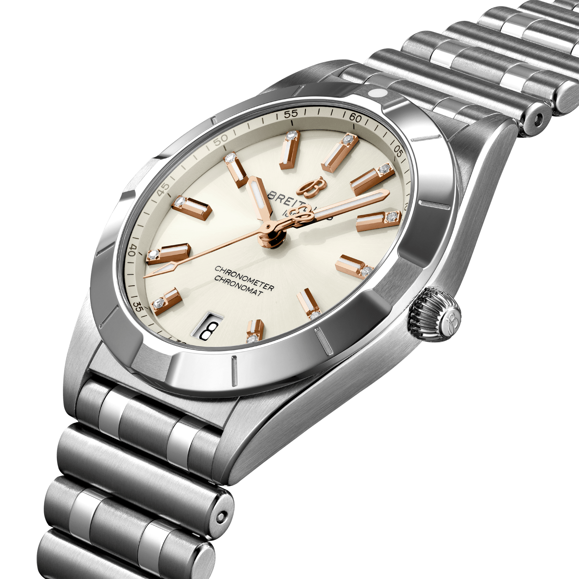 Chronomat 32mm Silver/Rose Diamond Dial Bracelet Watch