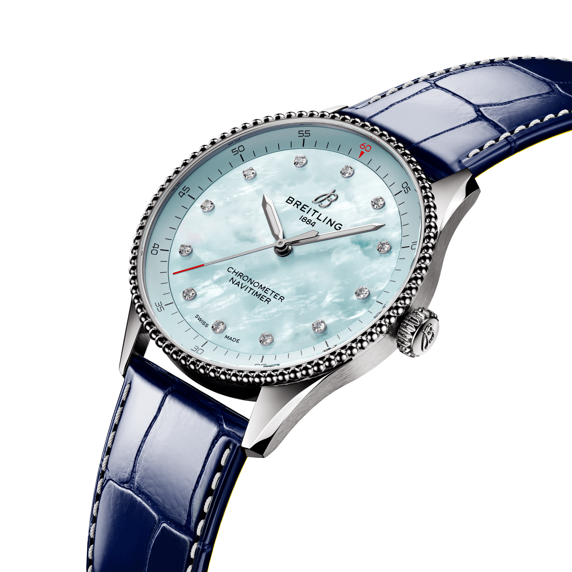 Navitimer 32mm Blue Mother of Pearl Diamond Dial Strap Watch