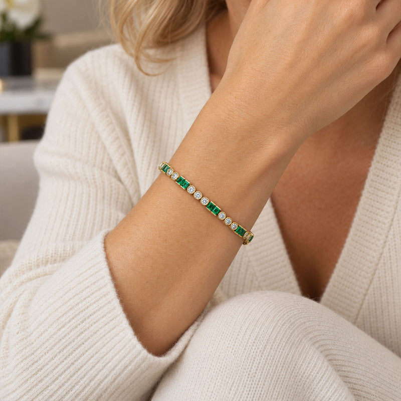 Berry's 18ct Yellow Gold Square Cut Emerald and Round Brilliant Cut Diamond Line Bracelet - Berry's Jewellers