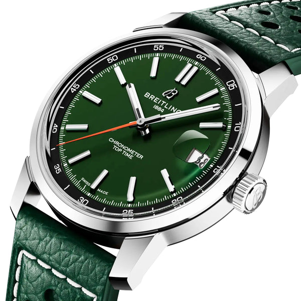 Breitling Top Time B31 38mm Green Dial Automatic Leather Strap Watch - Berry's Jewellers