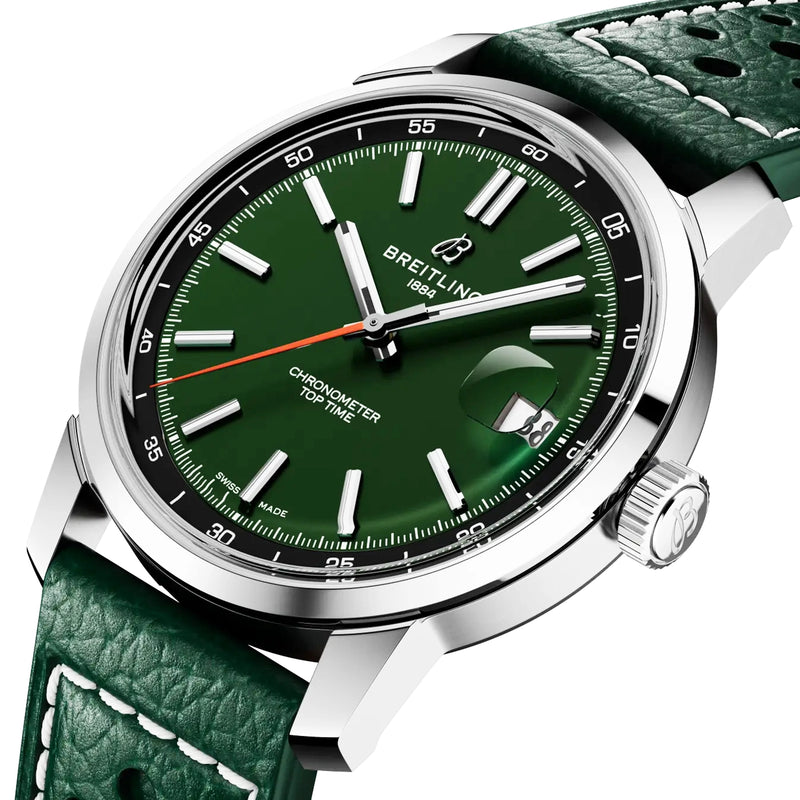Breitling Top Time B31 38mm Green Dial Automatic Leather Strap Watch - Berry's Jewellers
