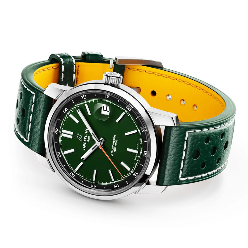 Breitling Top Time B31 38mm Green Dial Automatic Leather Strap Watch - Berry's Jewellers