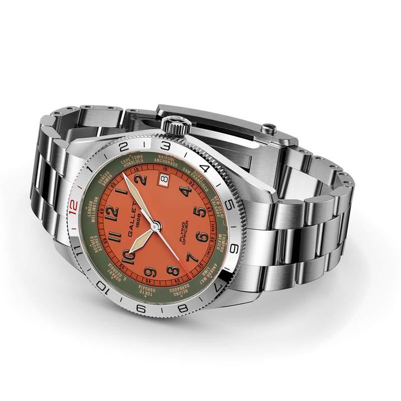 Flying Officer 40mm Orange Dial Steel Bracelet Automatic Watch