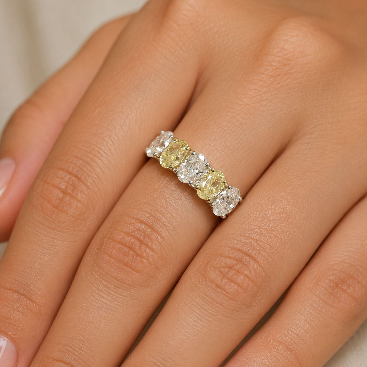 Platinum Oval Cut Diamond And Yellow Diamond Five Stone Eternity Ring