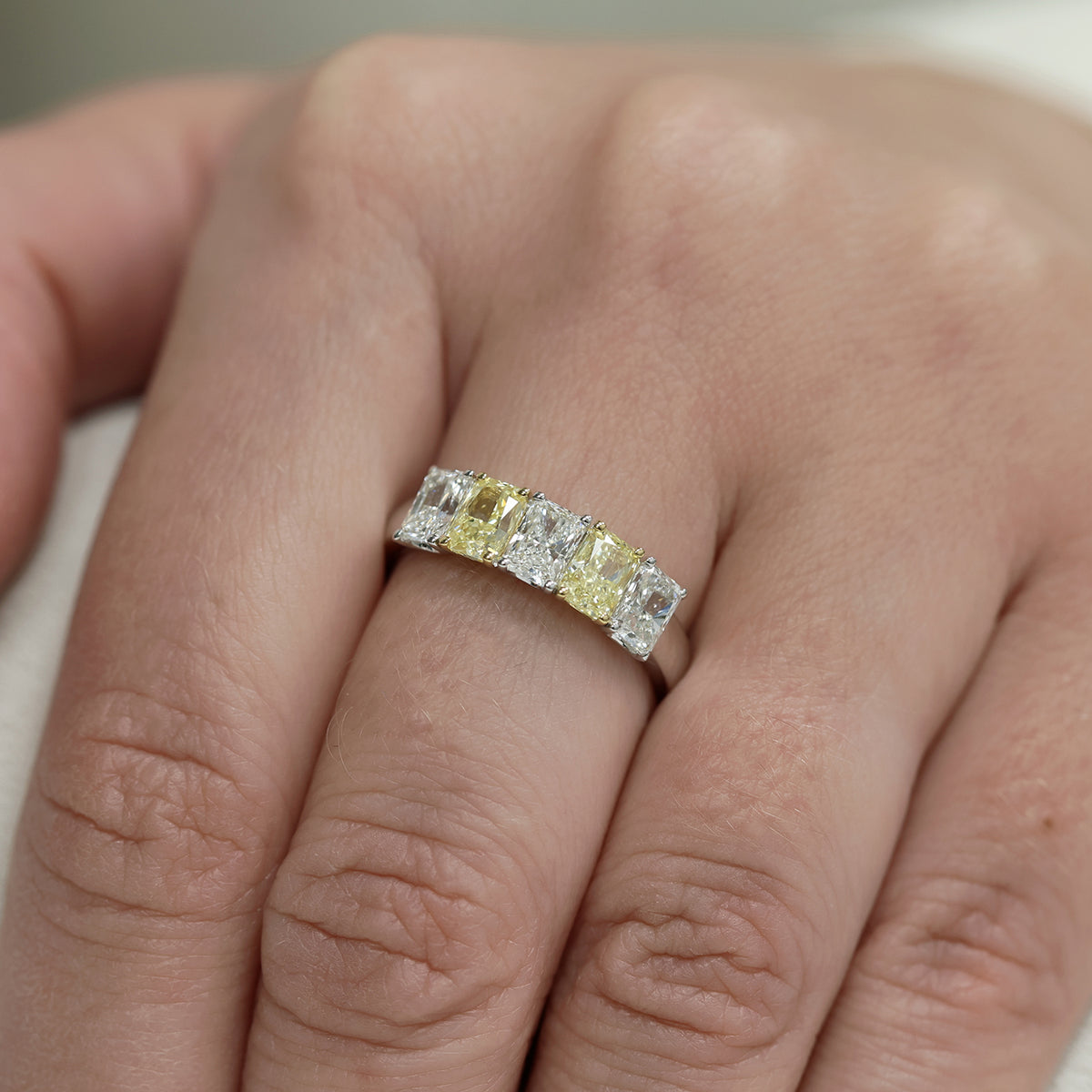 Berry's Platinum Radiant Cut Diamond And Yellow Diamond Five Stone Eternity Ring - Berry's Jewellers