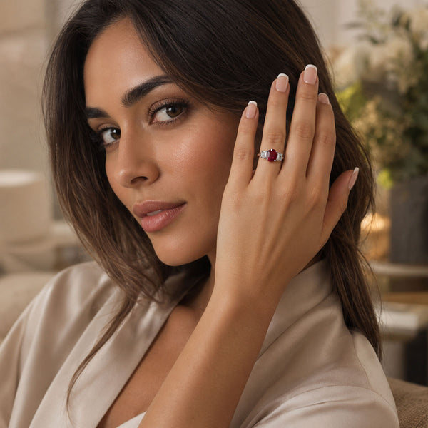 Platinum Oval Ruby and Baguette Cut Diamond Five Stone Ring