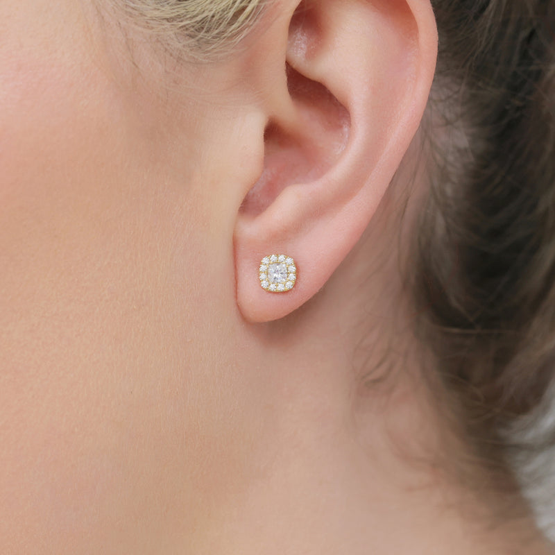 Berry's 18ct Yellow Gold Cushion Cut Diamond Halo Stud Earrings - Berry's Jewellers