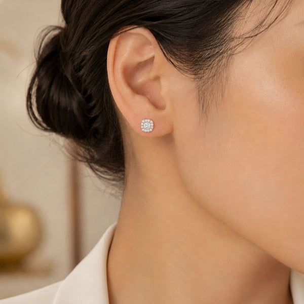 18ct Rose Gold Cushion Cut Diamond Halo Stud Earrings