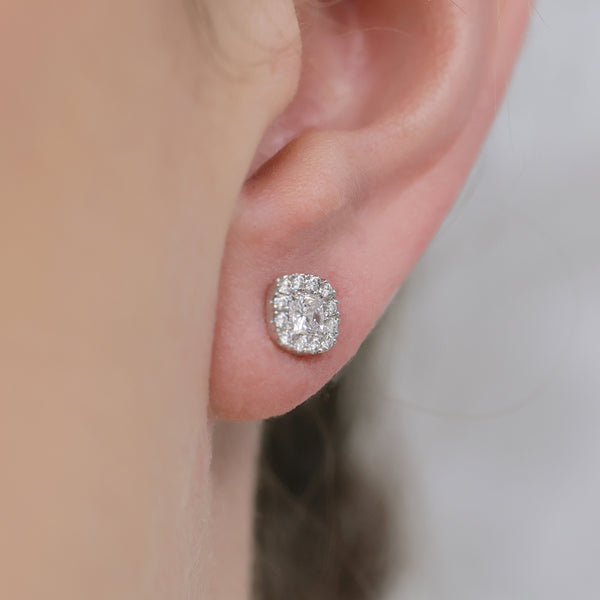 Berry's 18ct White Gold Cushion Cut Diamond Halo Stud Earrings - Berry's Jewellers