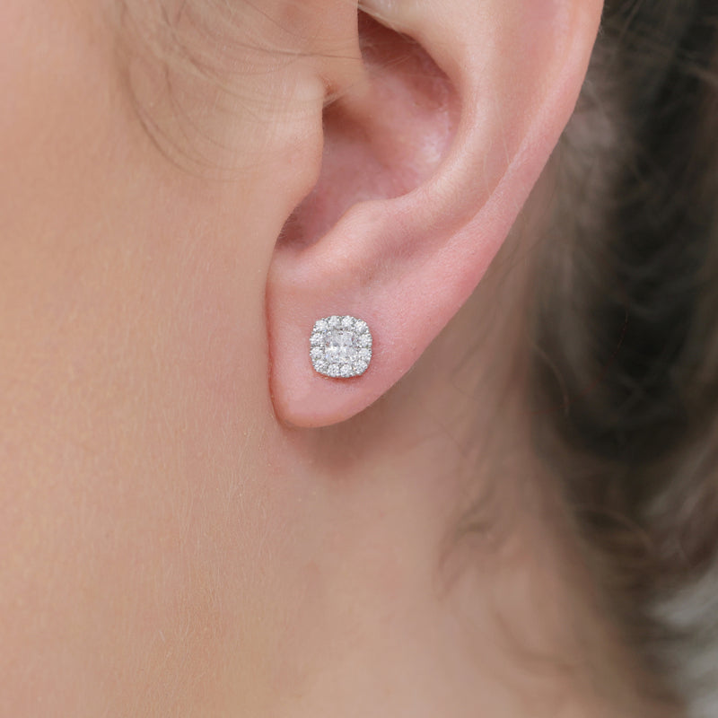 Berry's 18ct White Gold Cushion Cut Diamond Halo Stud Earrings - Berry's Jewellers
