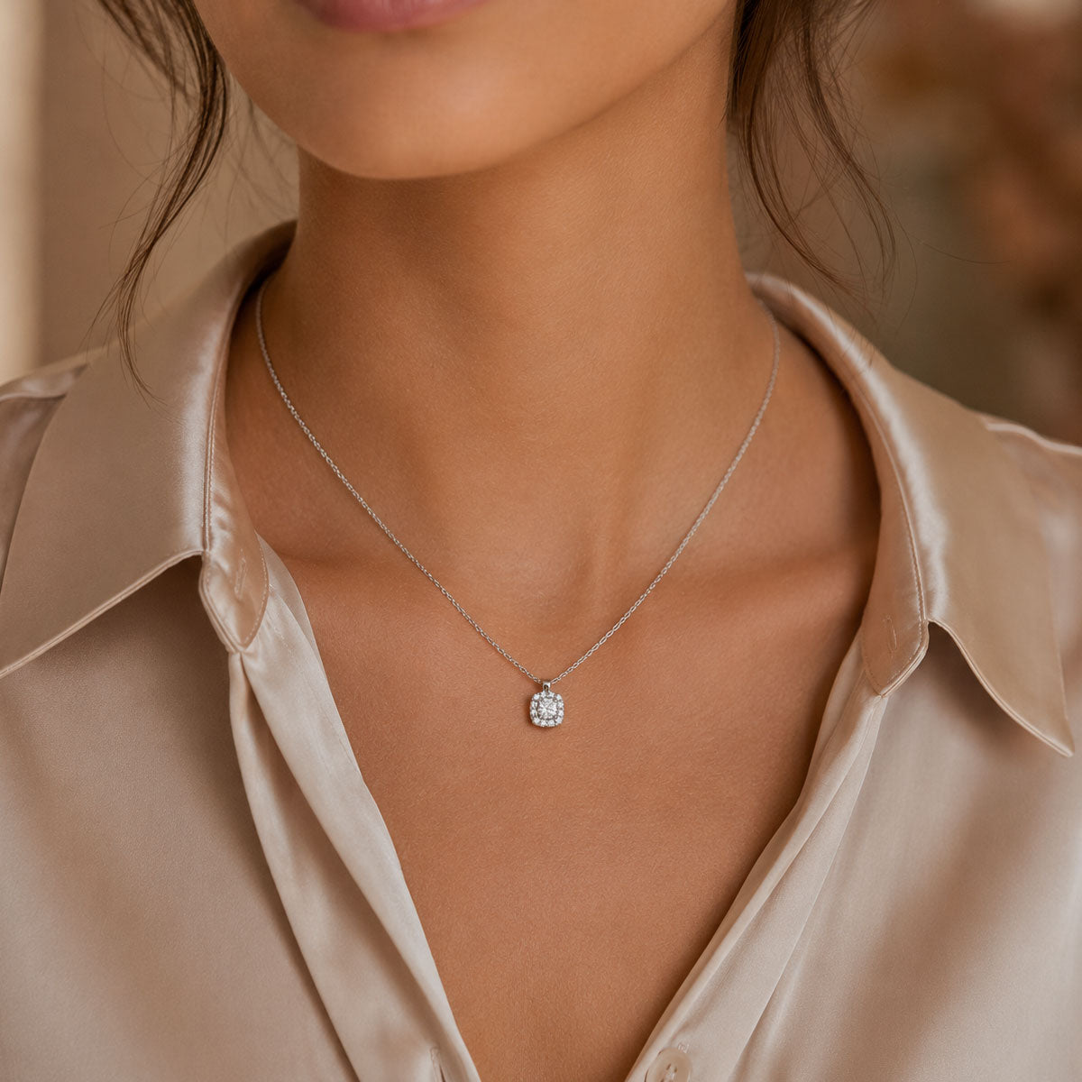 18ct White Gold Cushion Cut Diamond Halo Pendant