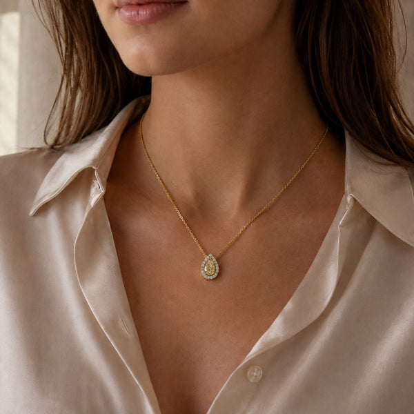 Berry's 18ct Yellow Gold Pear Cut Yellow Diamond And Diamond Halo Pendant - Berry's Jewellers