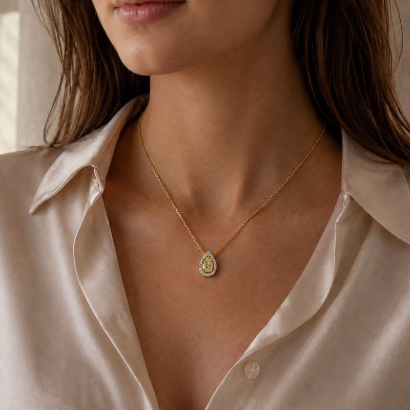 Berry's 18ct Yellow Gold Pear Cut Yellow Diamond And Diamond Halo Pendant - Berry's Jewellers