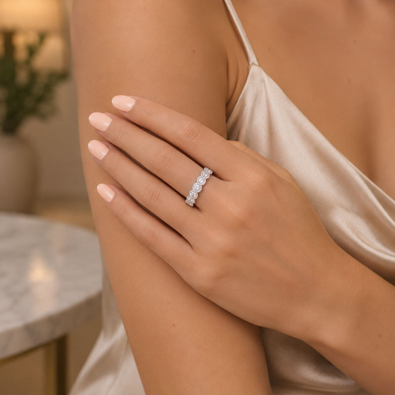 Platinum Round Brilliant Cut Diamond Seven Stone Halo Set Half Eternity Ring
