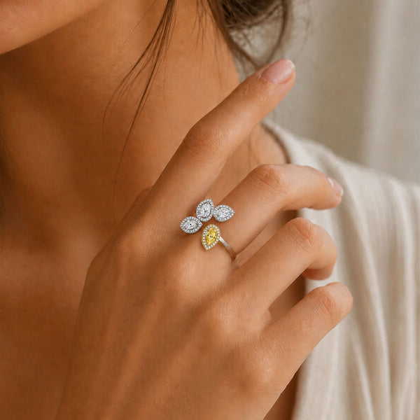 Berry's 18ct White and Yellow Gold Fancy Yellow Pear Cut Diamond With Three Off Set Pear Cut Diamond Halo Ring - Berry's Jewellers