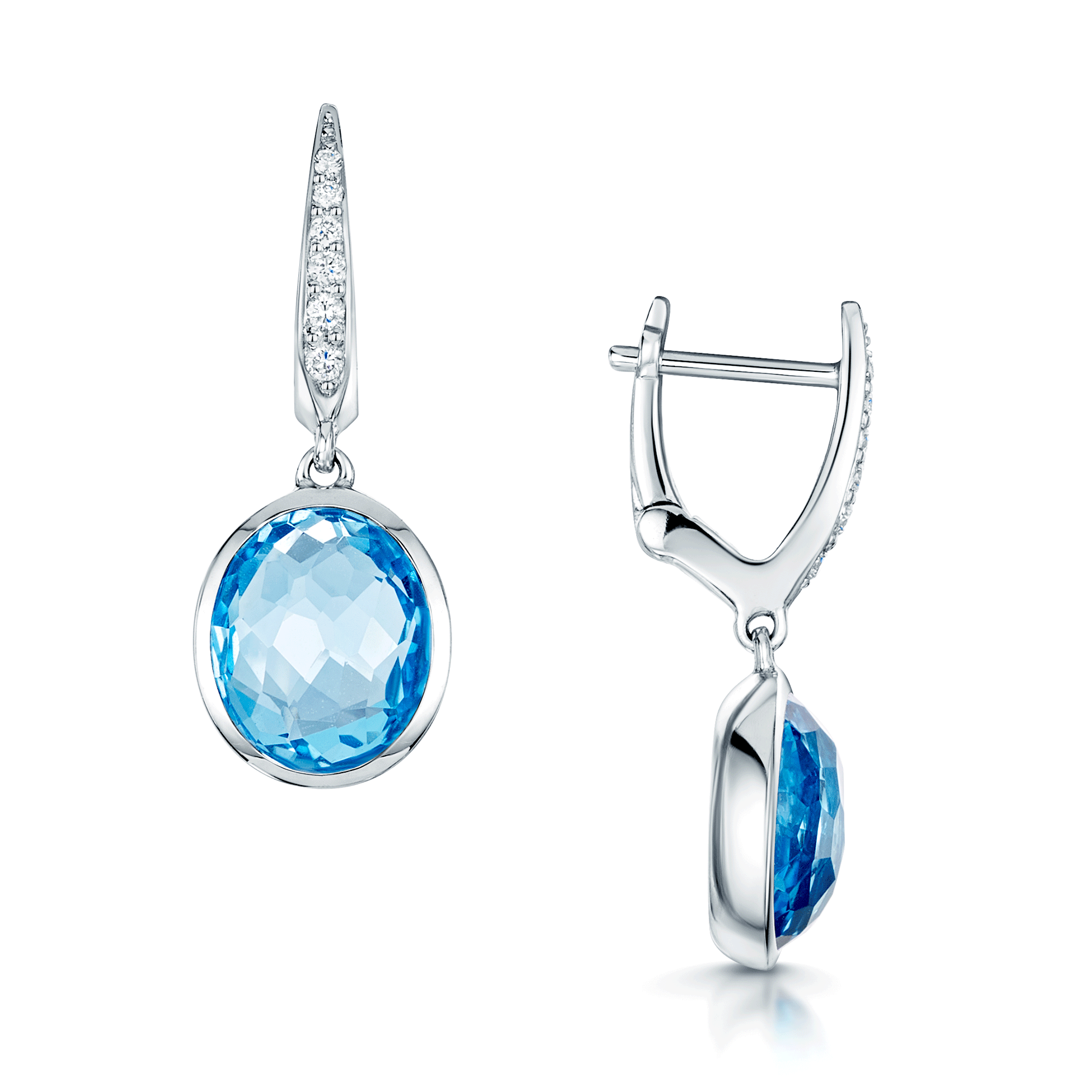 18ct White Gold Oval Blue Topaz And Diamond Drop Earrings