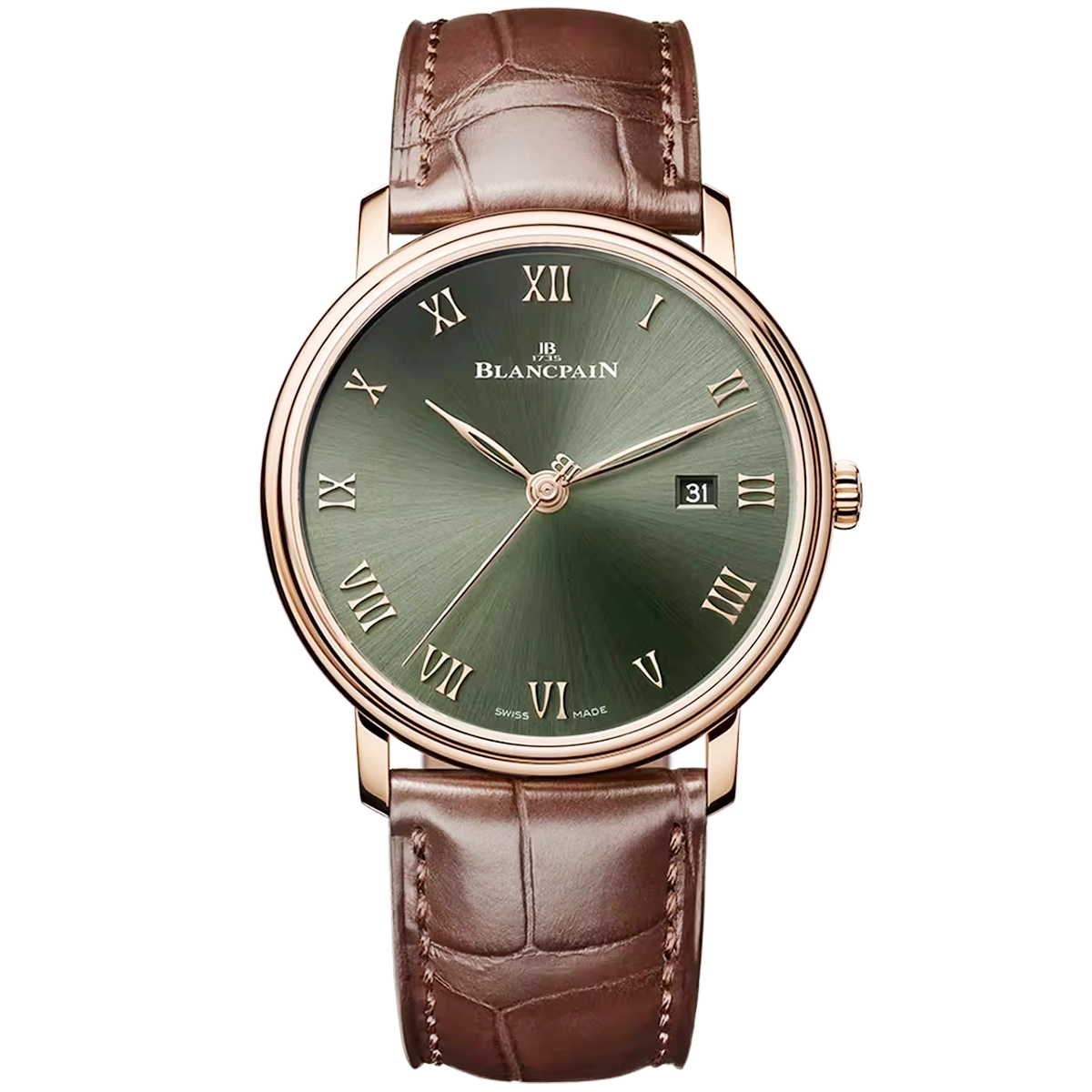 Blancpain Villeret Extraplate 40mm 18ct Rose Gold Green Dial Automatic Strap Watch - Berry's Jewellers